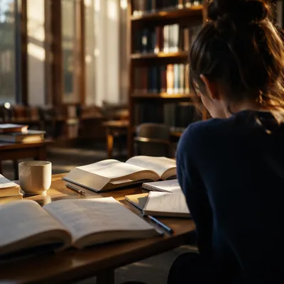 Focused Student Studying at Library Desk