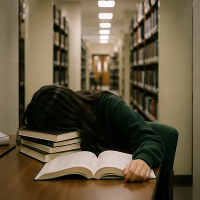 Tired Student Resting in Quiet Library
