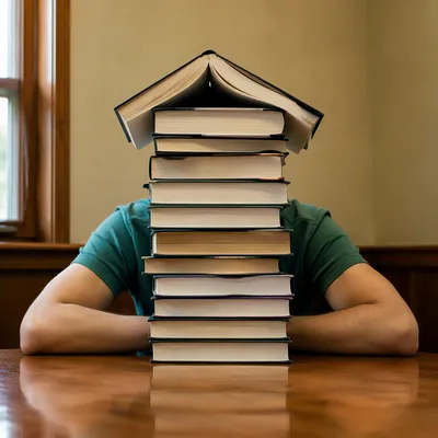 Overwhelmed Student Hidden Behind Library Books