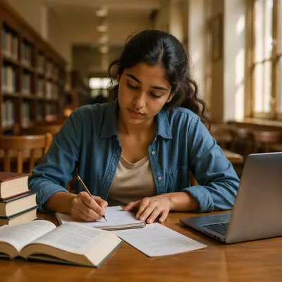 Focused College Student Studying in Library