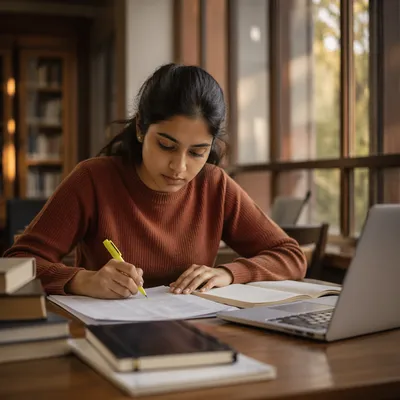Focused University Student Studying in Library