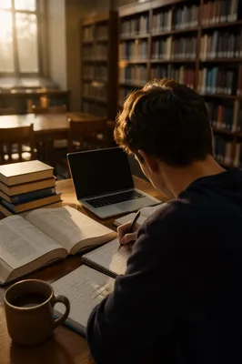 Student Studying at Quiet Library Desk