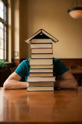 Overwhelmed Student Behind Library Book Stack