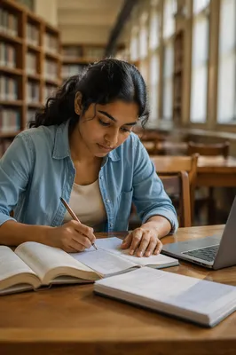 Focused Student Reading at Library Desk