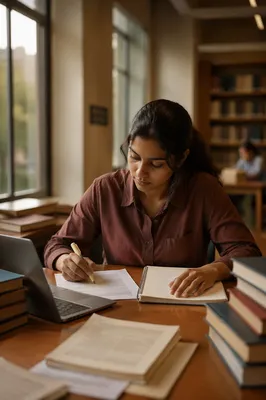 Focused Student Studying in Quiet Library