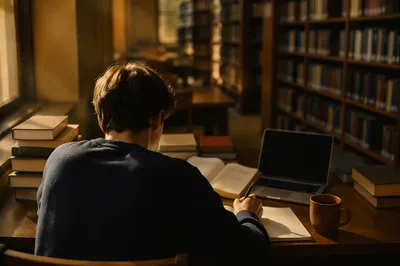 Focused Student Studying at Library Desk