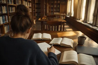 Student Studying at Quiet Library Desk