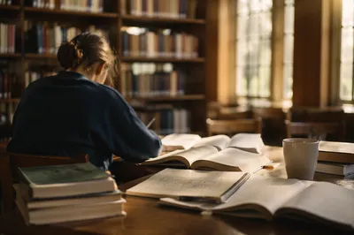 Focused Student Studying at Library Desk