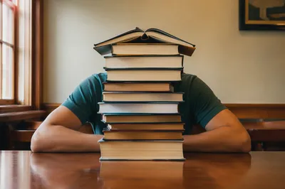 Overwhelmed Student Hidden Behind Library Books