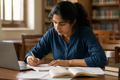 Focused Student Studying in Quiet Library