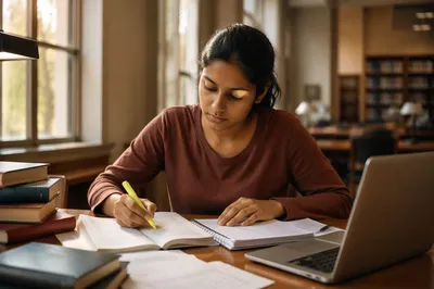 Focused Student Studying at Library Desk