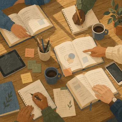Study Group Hands Around Library Table
