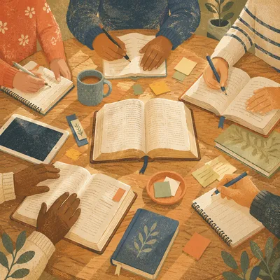 Collaborative Study Group Around Library Table