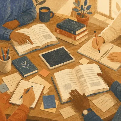 Study Group Hands Around Library Table