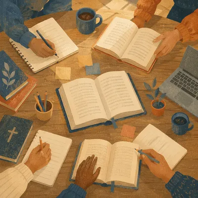 Collaborative Study Group Around Library Table