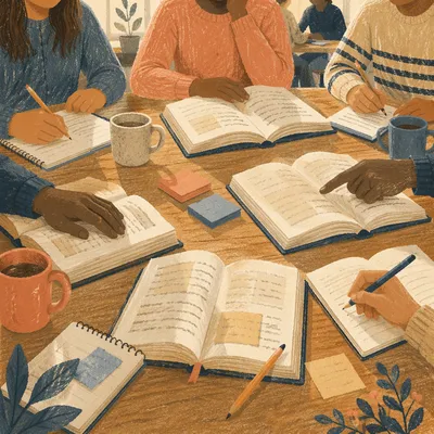 Collaborative Study Group Around Library Table
