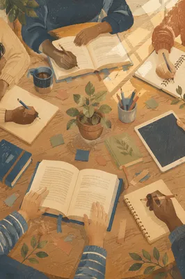 Collaborative Study Group Around Library Table