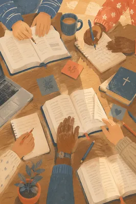 Collaborative Study Group Around Library Table
