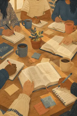 Collaborative Study Group Around Library Table
