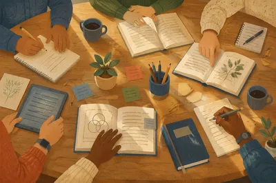 Study Group Hands Around Library Table