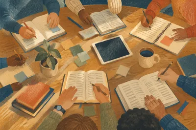 Collaborative Study Group Around Library Table