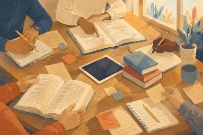 Study Group Hands Around Library Table