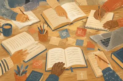Collaborative Study Group Around Library Table