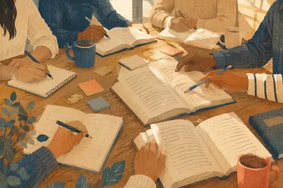 Collaborative Study Group Around Library Table