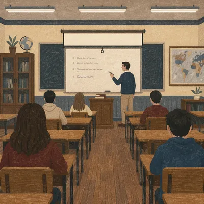 Teacher at Whiteboard in Calm Classroom