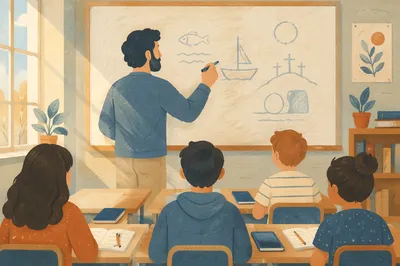 Teacher Writing on Classroom Whiteboard