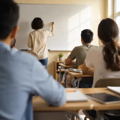 Teacher Writing on Whiteboard in Classroom
