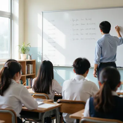 Teacher Leading Lesson at Bright Classroom Whiteboard