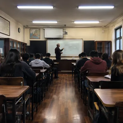 Teacher Leading Classroom Lesson at Whiteboard