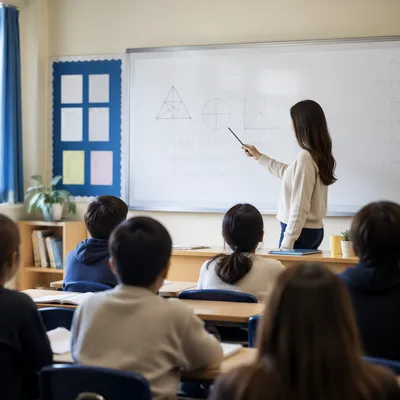 Teacher Guiding Students at Classroom Whiteboard