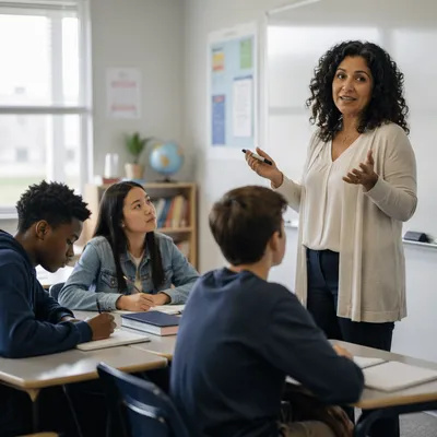 Teacher Leading Students in Bright Classroom
