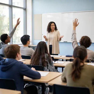 Teacher Leading Diverse Classroom at Whiteboard