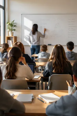 Teacher Writing on Classroom Whiteboard