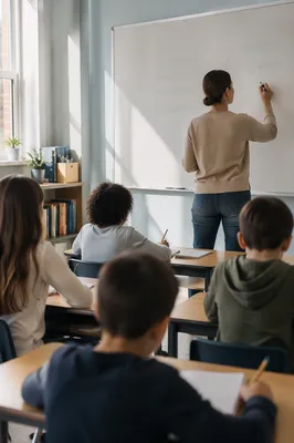 Teacher Writing on Classroom Whiteboard