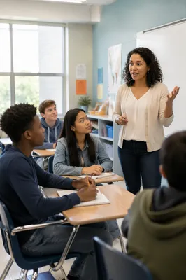 Teacher Guiding Students in Bright Classroom