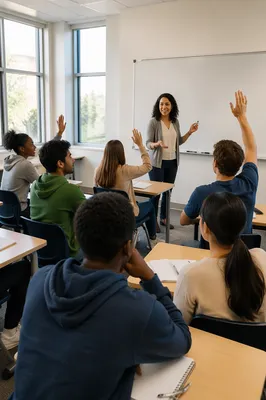 Teacher Explaining Lesson in Bright Classroom