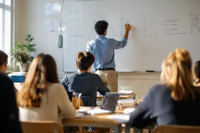Teacher Writing on Classroom Whiteboard