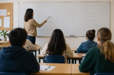 Teacher Guiding Students at Classroom Whiteboard
