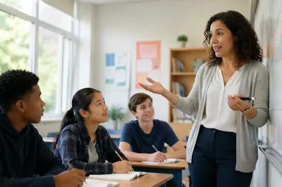 Teacher Leading Students in Bright Classroom