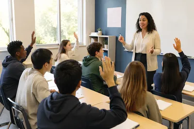 Teacher Explaining Lesson in Bright Classroom