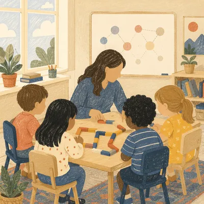 Teacher Guiding Children in Hands-On Classroom Learning