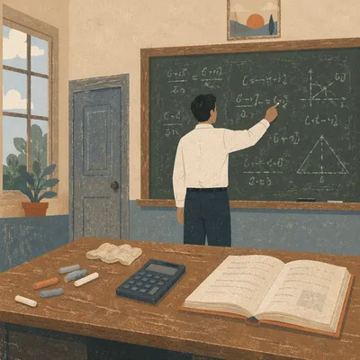 Teacher Explaining Lessons at Worn Chalkboard