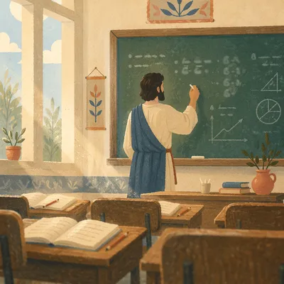 Teacher at Green Chalkboard in Classroom