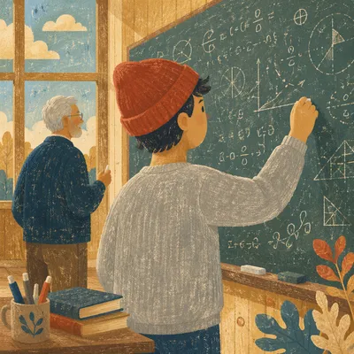 Teacher Guiding Student at Chalkboard