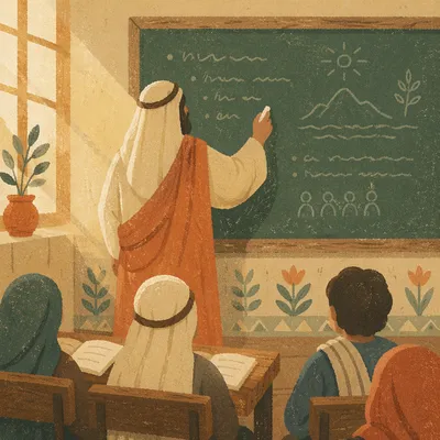 Teacher Writing on Green Classroom Chalkboard