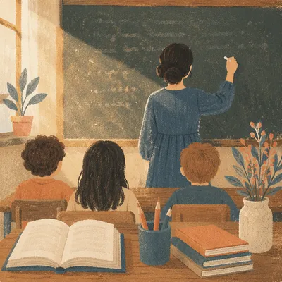 Teacher Writing on Chalkboard in Quiet Classroom